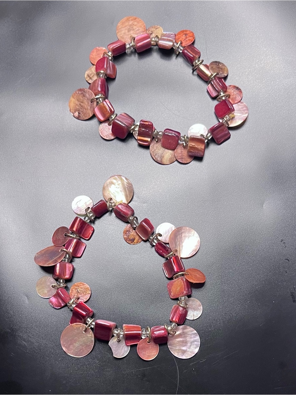 2 Rhodochrosite Rose Pink Abalone Shell Beaded Stretch Statement Bracelets Y2K